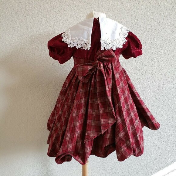 Vtg Sunny Angeles USA Plaid Christmas Large Collar Velour Circle Skirt Dress 4T - Picture 4 of 12